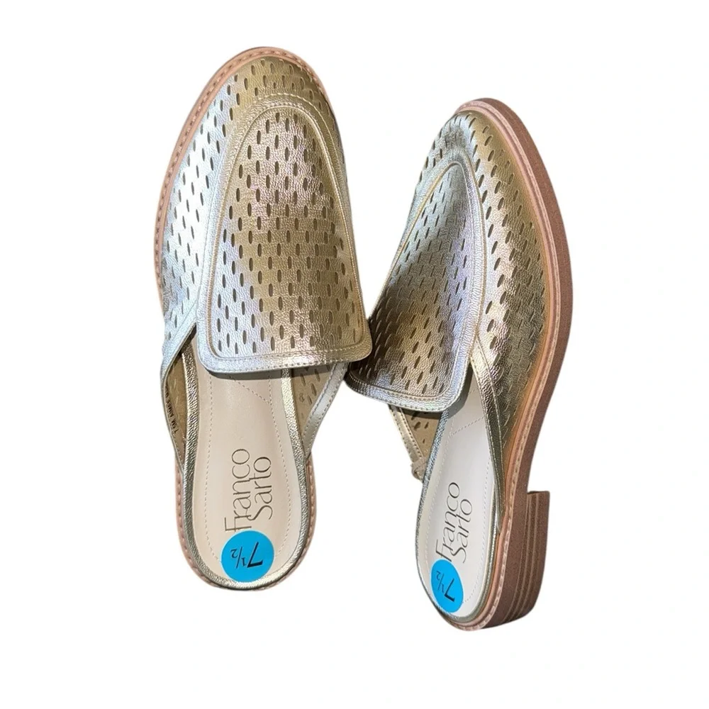 NEW Franco Sarto Aimee Gold Loafer Mule Slip On Eyelet Detail Comfort 7.5